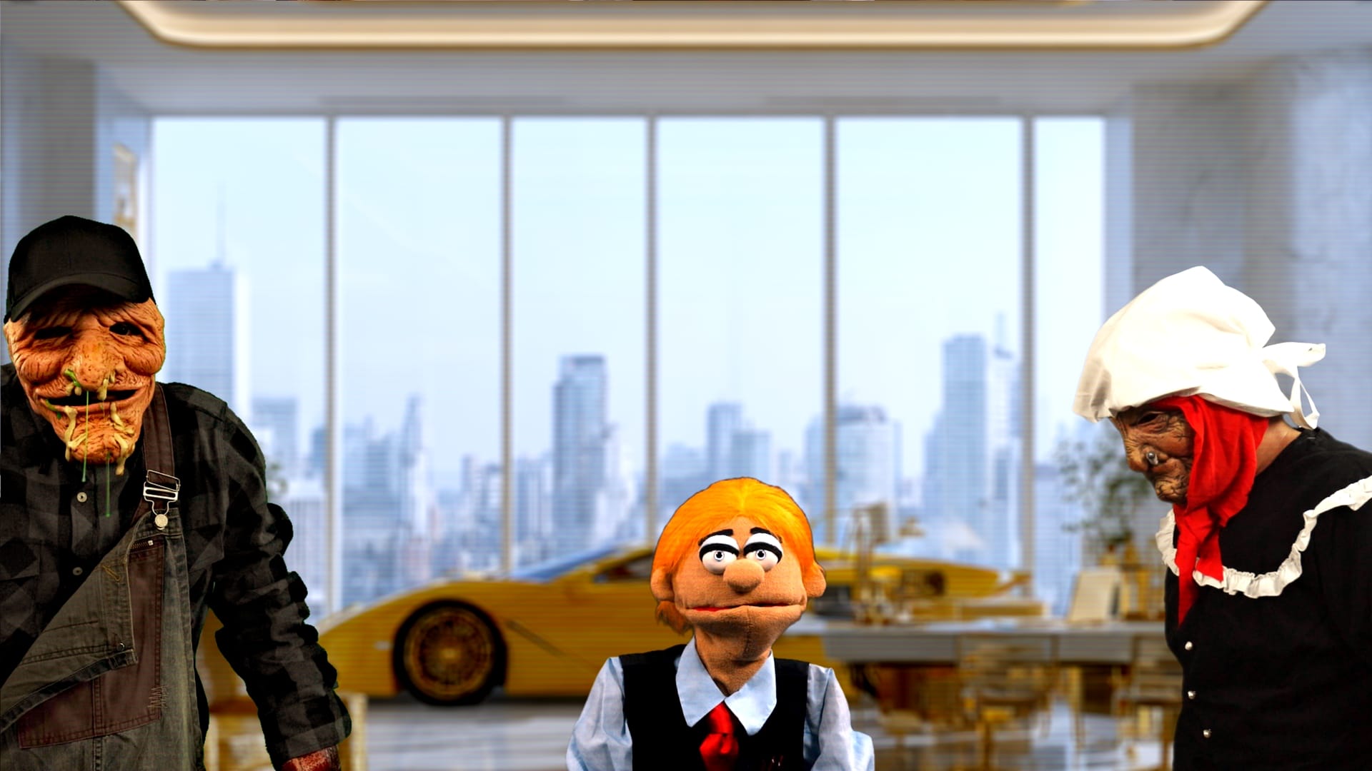 Bill Won Parcent in a vest and tie stands between Jed and Ma (in a white bonnet) inside a modern luxury penthouse with a yellow sports car and city skyline in the background.