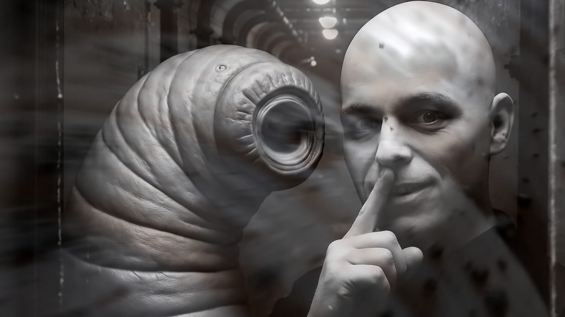 A black-and-white shot of a giant segmented worm creature on the left beside a pale, bald figure holding a finger to his lips in a shushing gesture on the right.