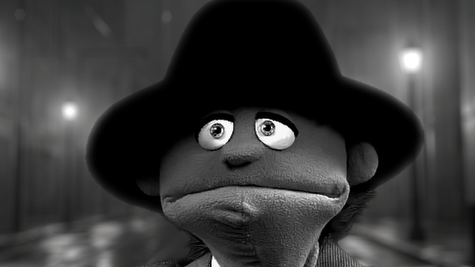A black-and-white close-up of a weary puppet detective wearing a dark fedora and trench coat against a dimly lit, foggy noir backdrop.