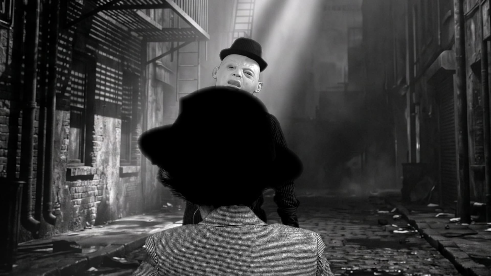 A black-and-white shot of Detective B Noir wearing a fedora standing in front of Baby Face Noir, a mutated baby character wearing a matching fedora and coat on a dark urban alley street.