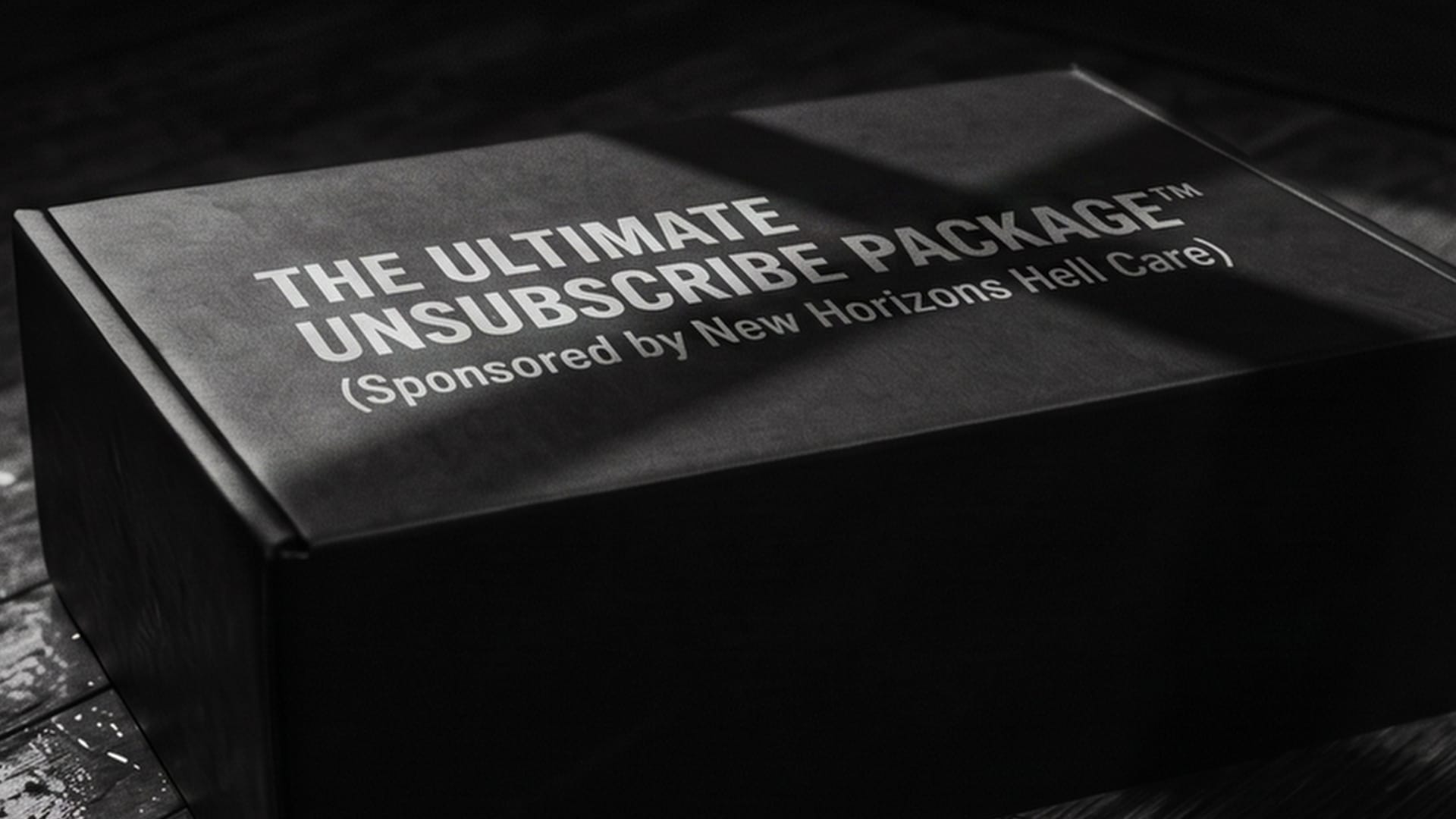 A black box resting on a damp surface, featuring bold text on top reading "THE ULTIMATE UNSUBSCRIBE PACKAGE™ (Sponsored by New Horizons Hell Care)".