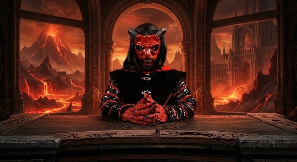 mephistopheles from the mephistopheles and friends show sits a a table in hell