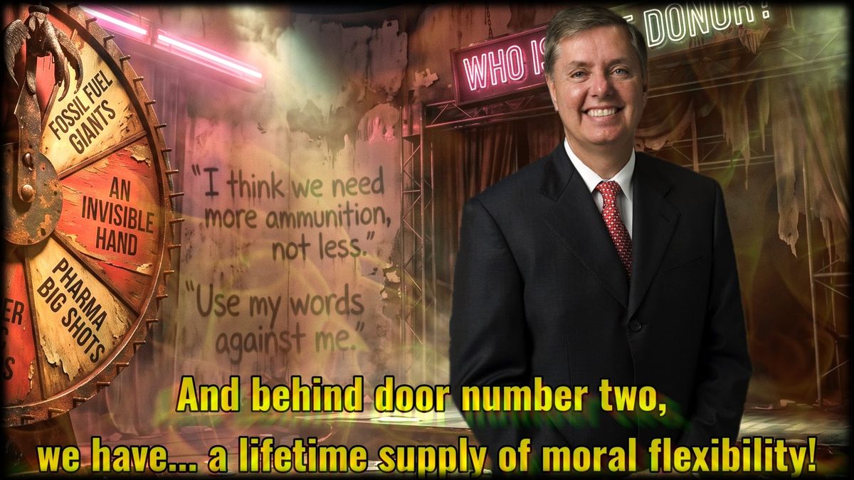 Graphic showing Lindsey Graham in a suit with text overlays about fossil fuels and moral flexibility