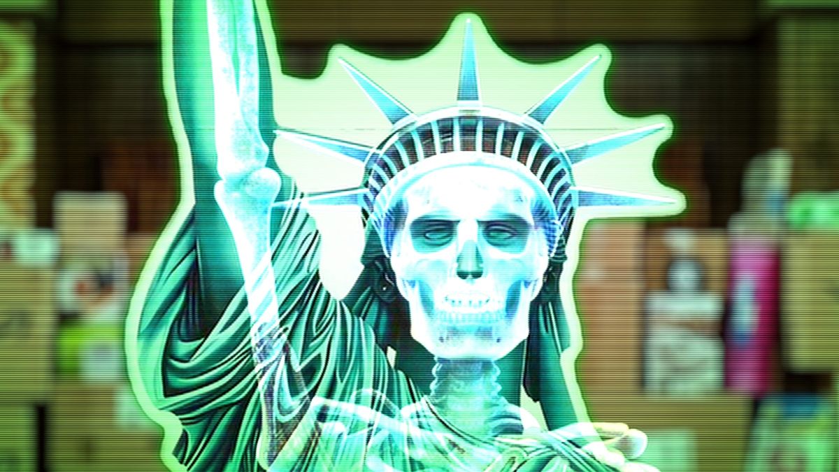 A green glowing skeleton statue of Lady Liberty.