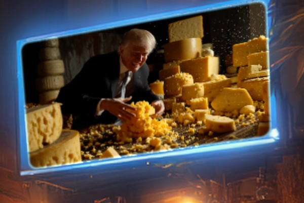 Satirical image of Donald Trump playing with blocks of cheese).