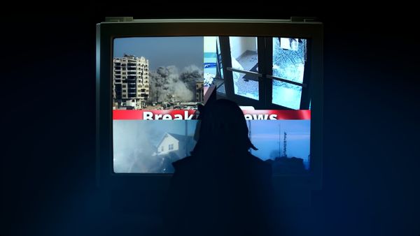 Mephistopheles observing the 'Recent Static': a glitchy altar of CRT televisions broadcasting the beautiful chaos of the mortal world