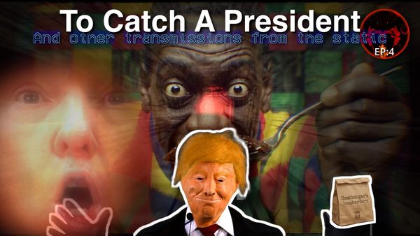 A man in a Donald Trump mask holds up a bag that says Hambubger's Hamberders.  A man in the background eats pudding.  