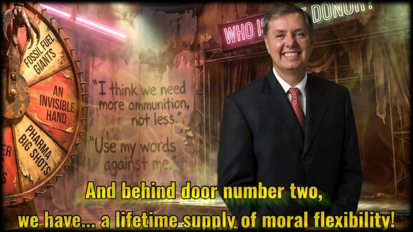 Graphic showing Lindsey Graham in a suit with text overlays about fossil fuels and moral flexibility