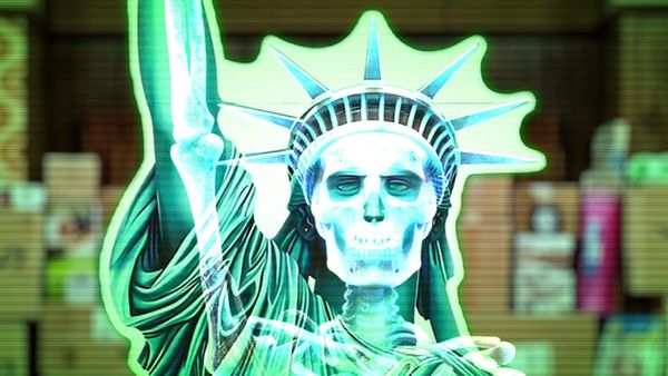 A green glowing skeleton statue of Lady Liberty.