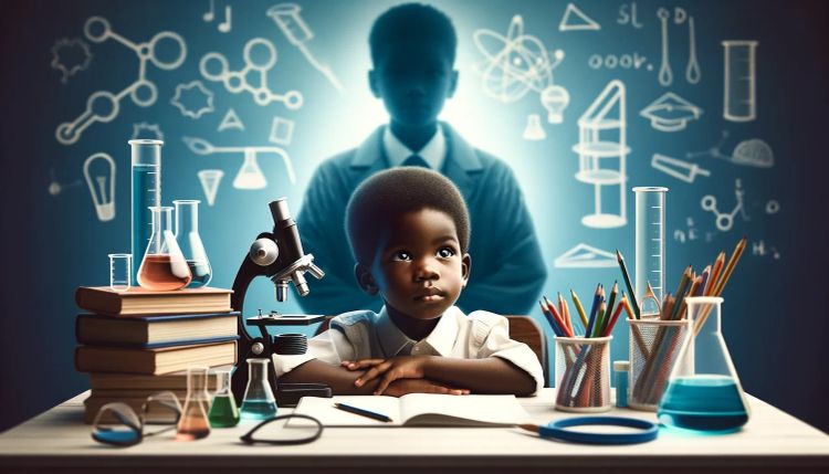 A young child in front of books and lab equipment with his future self as a scientist in the shadow.
