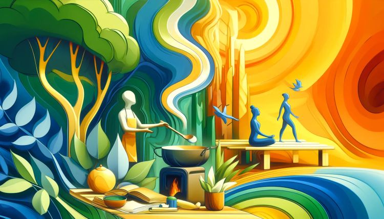 Abstract art showing nature, someone cooking, meditating, and walking.
