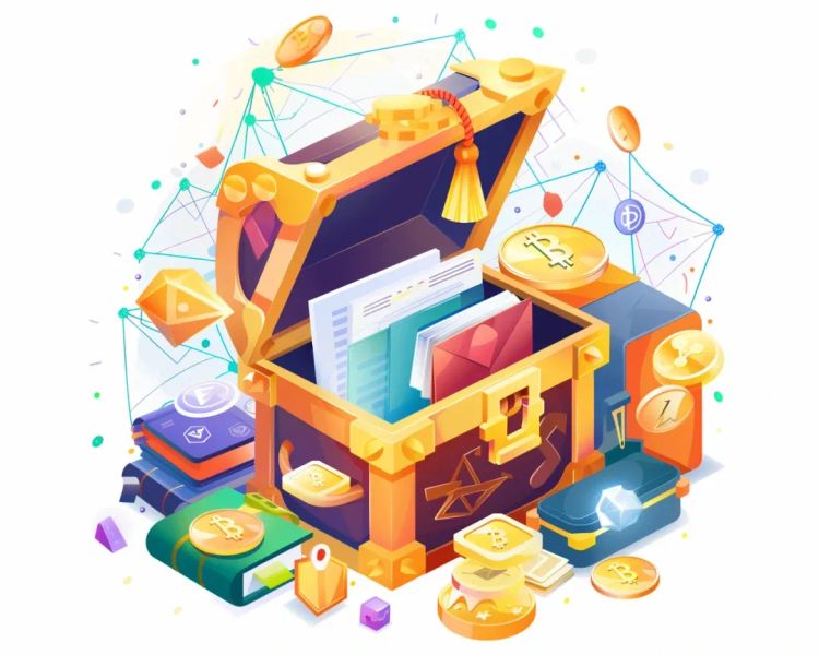 Treasure chest of rewards representing blockchain rewards.