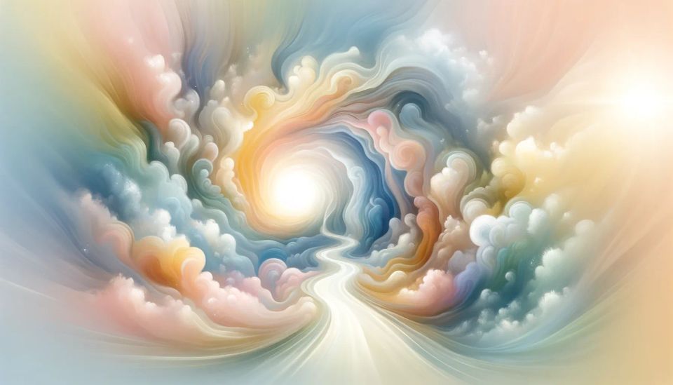 Artwork depicting a transformation from swirls into a clear, tranquil path.