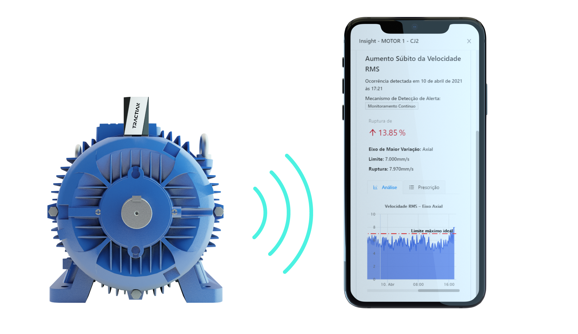 O sensor acoplado no ativo envia informações para o aplicativo Tractian