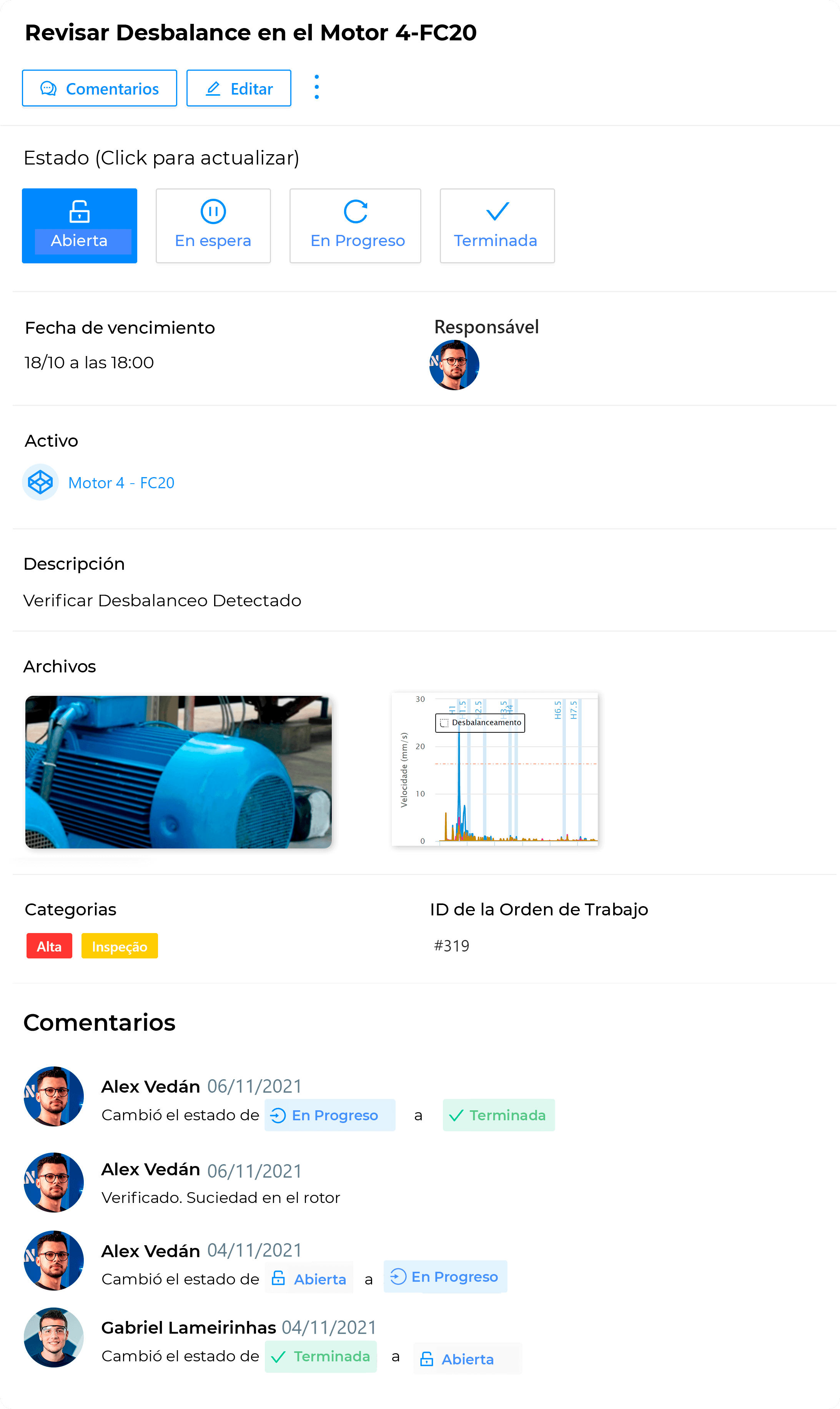 Comentarios adicionados en la plataforma TRACTIAN

