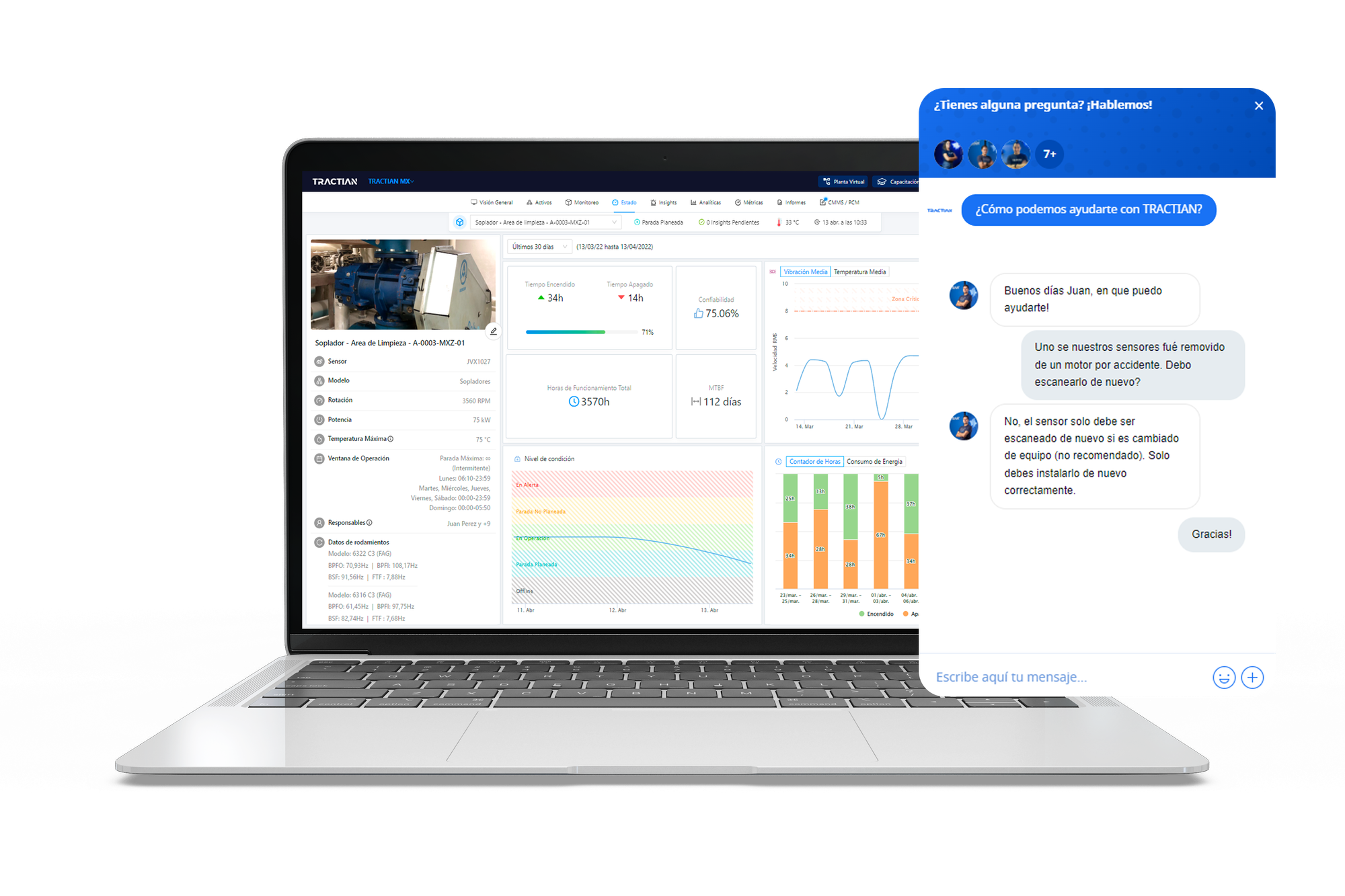 Visualización de la barra de soporte al cliente de la plataforma TRACTIAN