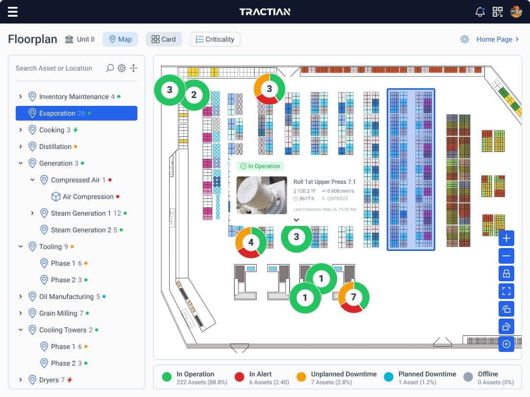 Visual management shown in the floorplan function on TRACTIAN's platform