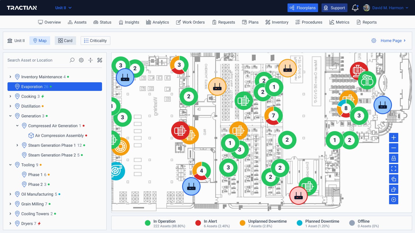 An image of the floorplans function on the TRACTIAN platform, showing a sensitive inspection route