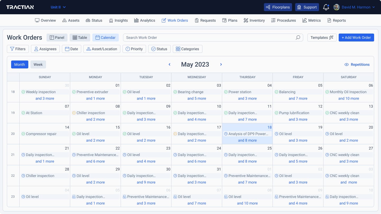 A work order schedule show in the TRACTIAN platform