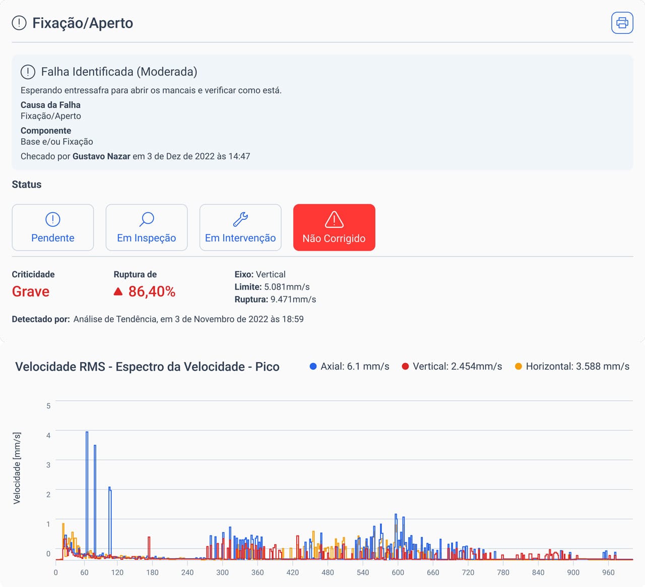 folga mecânica detectada na chaveta