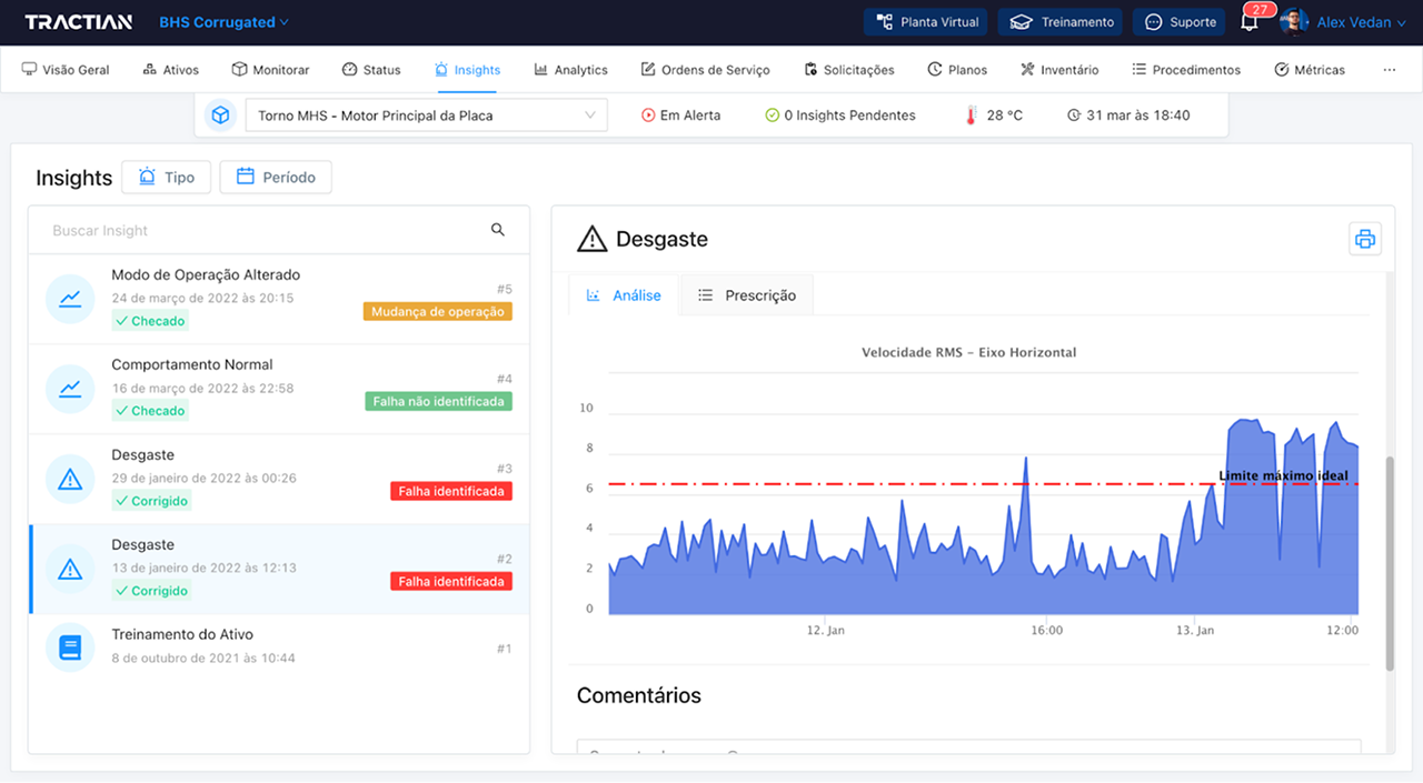 Insight emitido pela plataforma TRACTIAN após a identificação de desgaste no ativo monitorado.