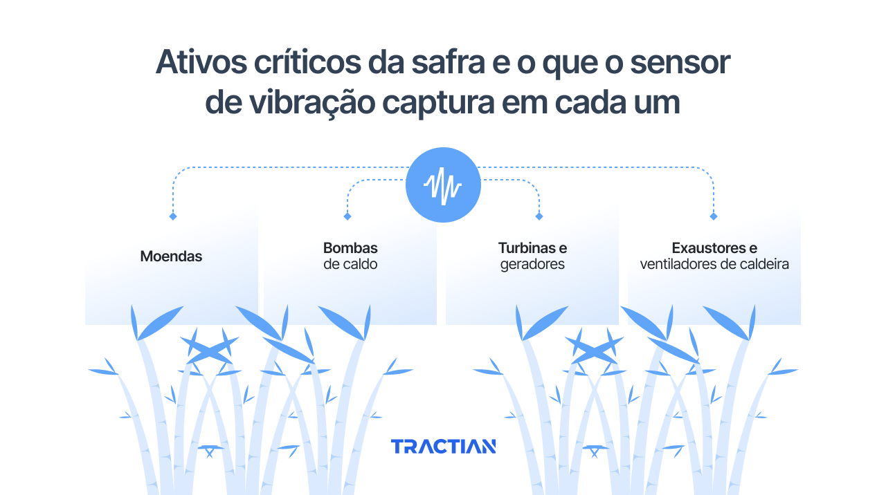 Ativos críticos da safra e o que o sensor de vibração captura em cada um
