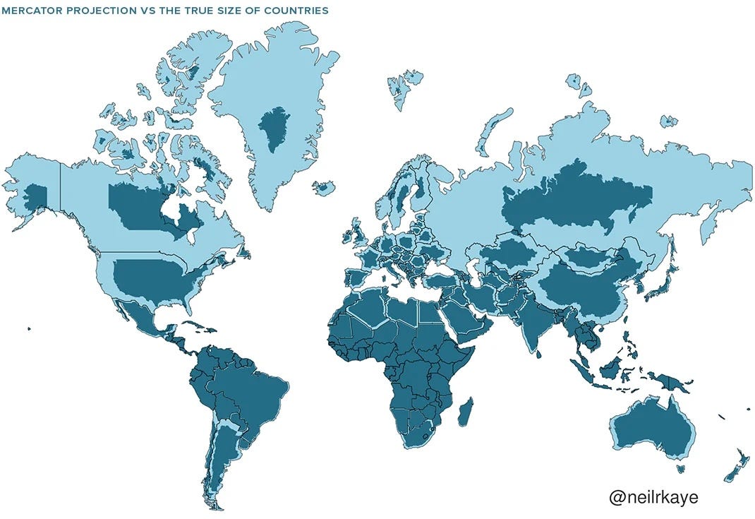 A world map showing the mercator projection on top of the true size of countires.