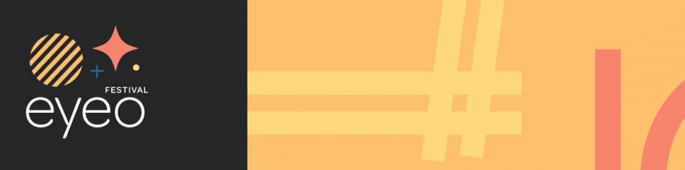 The EYEO festival Vimeo banner. The left has the eyeo logo on a black background, whilte the right side has an abstract orange line pattern.