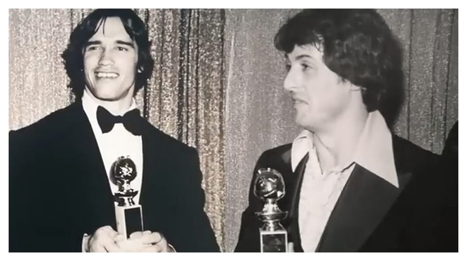 Arnold Schwarzenegger and Sylvester Stallone at the 1977 Golden Globes