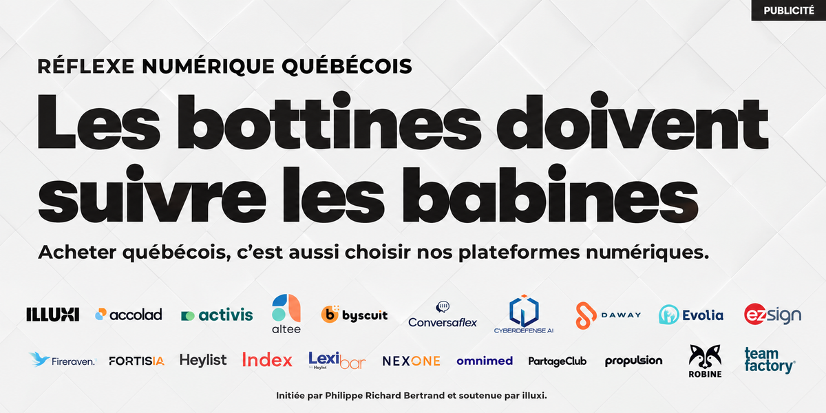 Bannière du Réflexe numérique québécois : « Les bottines doivent suivre les babines », accompagnée des logos des entreprises participantes.