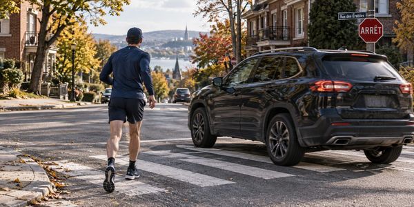 Un coureur approche d’un passage pour piétons occupé par un VUS dans une rue québécoise, scène illustrée par IA.