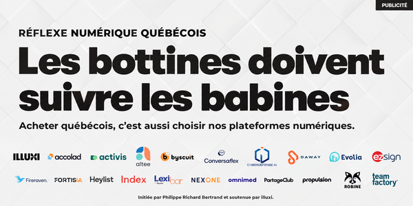 Bannière du Réflexe numérique québécois : « Les bottines doivent suivre les babines », accompagnée des logos des entreprises participantes.