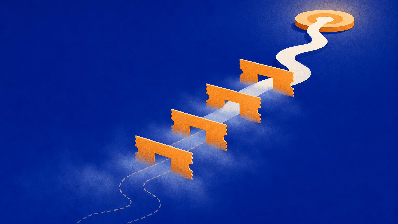 A flowchart showing a foggy path from a loose idea to a clear destination. Decision tickets resolve one at a time, each clearing a section of fog until the full route is visible. The final state shows a clear path with no fog remaining.