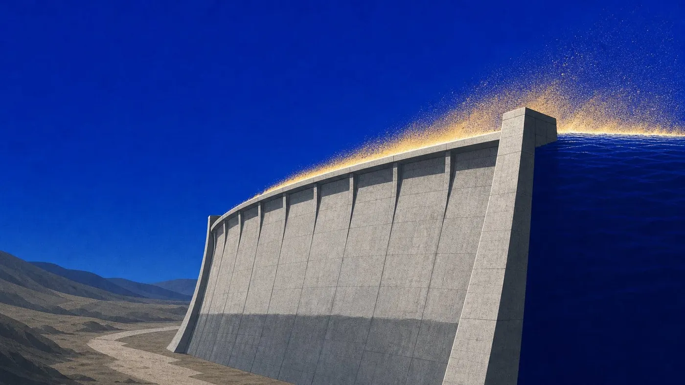 A concrete dam wall holding back a reservoir whose water has risen close to the crest, spray lifting off the lip