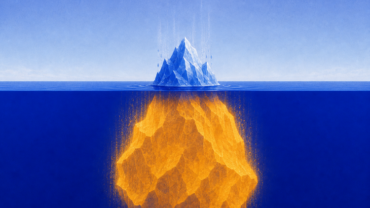 An iceberg whose small visible tip is sinking below a calm sea while a much larger submerged mass glows amber and rises toward the surface