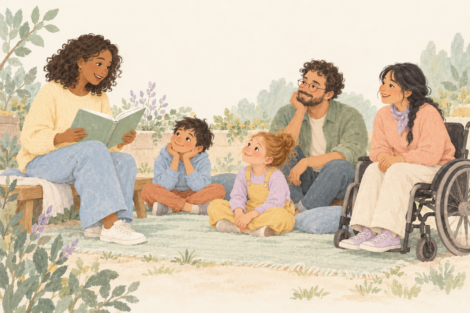 A woman reads from an open book to two children and two adults, including a wheelchair user, gathered in a softly painted garden.