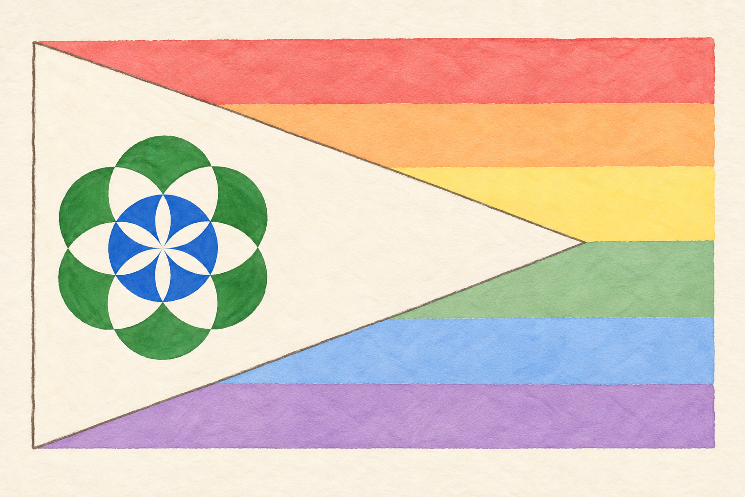 A softly painted six-stripe rainbow flag with an ivory triangle extending from the left edge to the right, containing Globasa’s green-and-blue interlocking circular emblem.