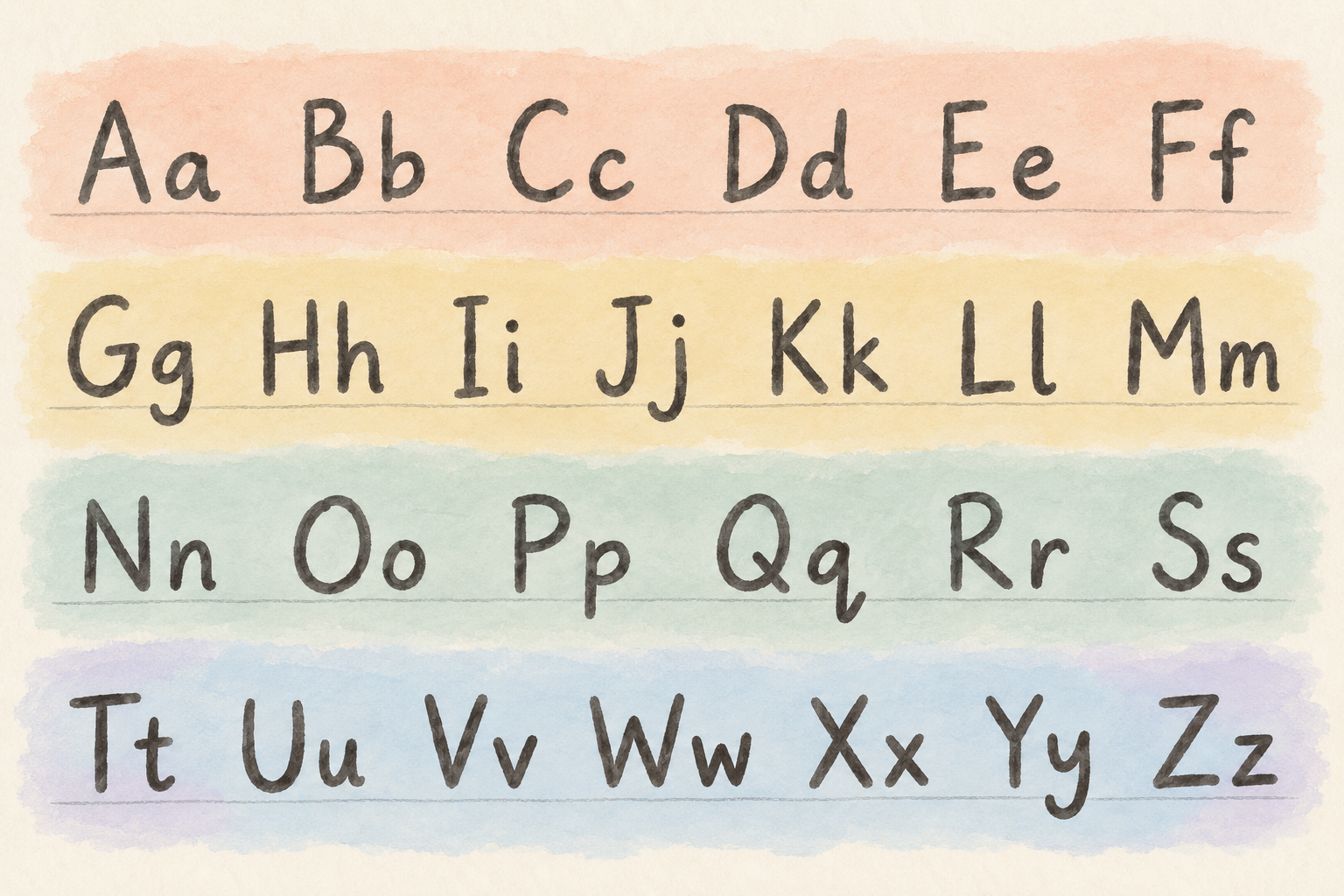All 26 English letters in uppercase and lowercase pairs, from A a to Z z, arranged in four rows over peach, yellow, green, and blue pastel washes.