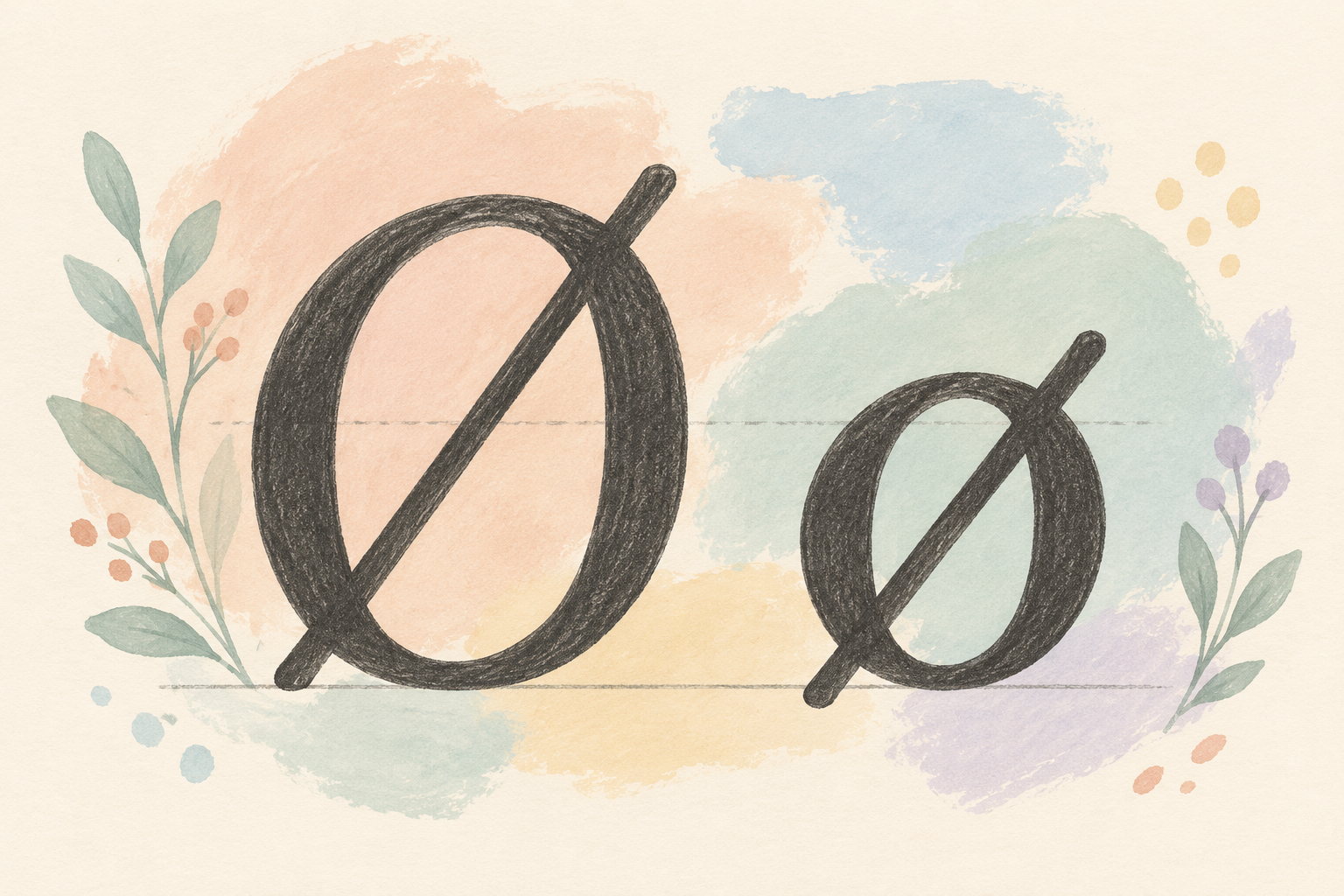 Hand-drawn uppercase Ø and lowercase ø, each with a diagonal slash rising from left to right, over soft pastel washes on ivory paper.