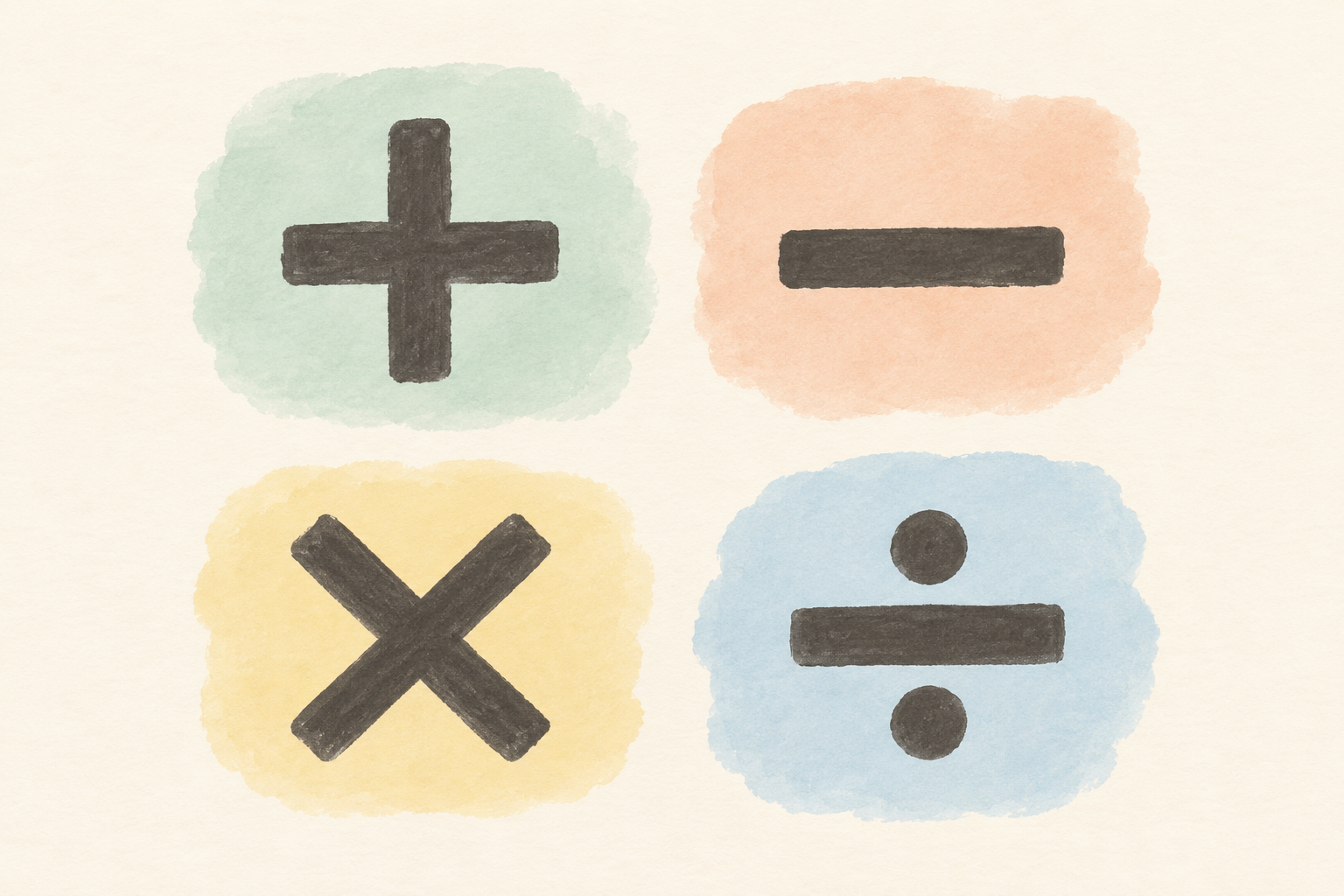 Charcoal plus, minus, multiplication, and division signs arranged in a two-by-two grid over green, peach, yellow, and blue pastel washes.