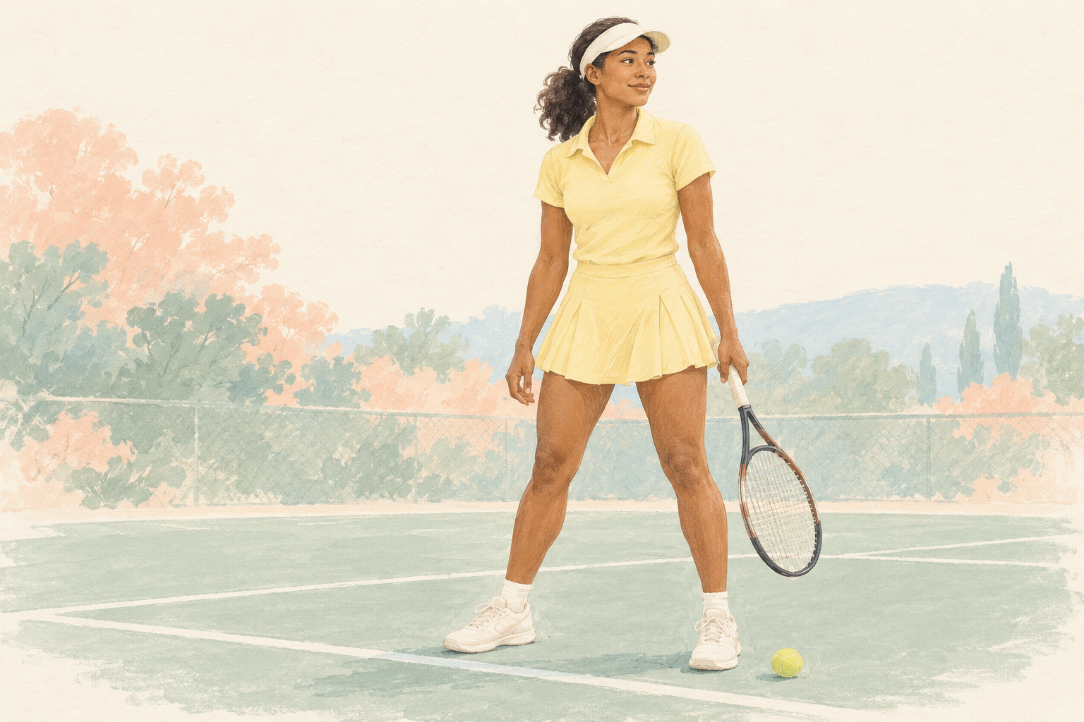 A brown-skinned woman in a pale yellow tennis outfit, ivory visor, and trainers holds a racket on a softly painted court, with a ball near her feet.