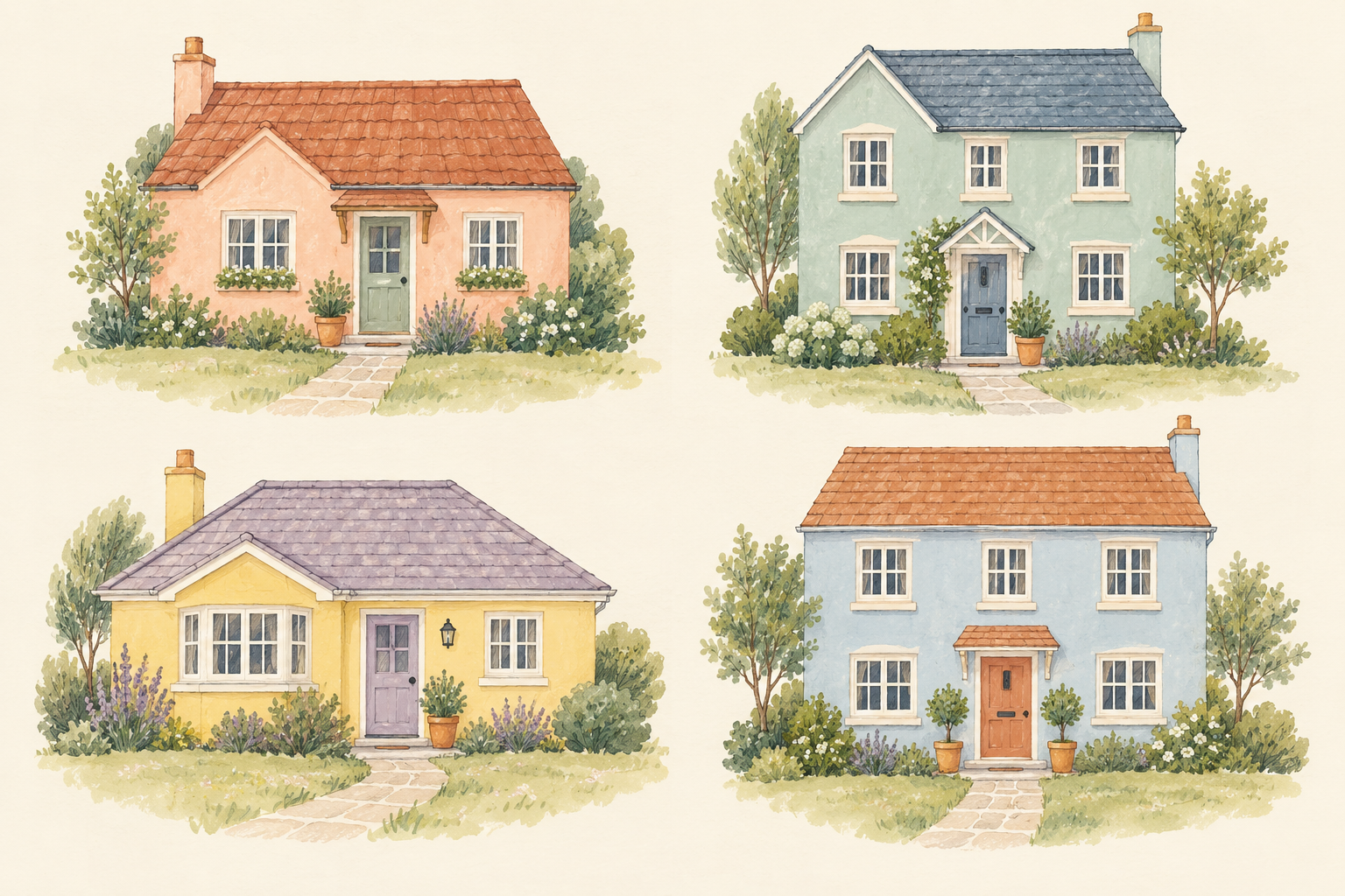 Four detached houses in peach, green, yellow, and blue, arranged in two rows, with pitched roofs, front doors, windows, and small garden shrubs.
