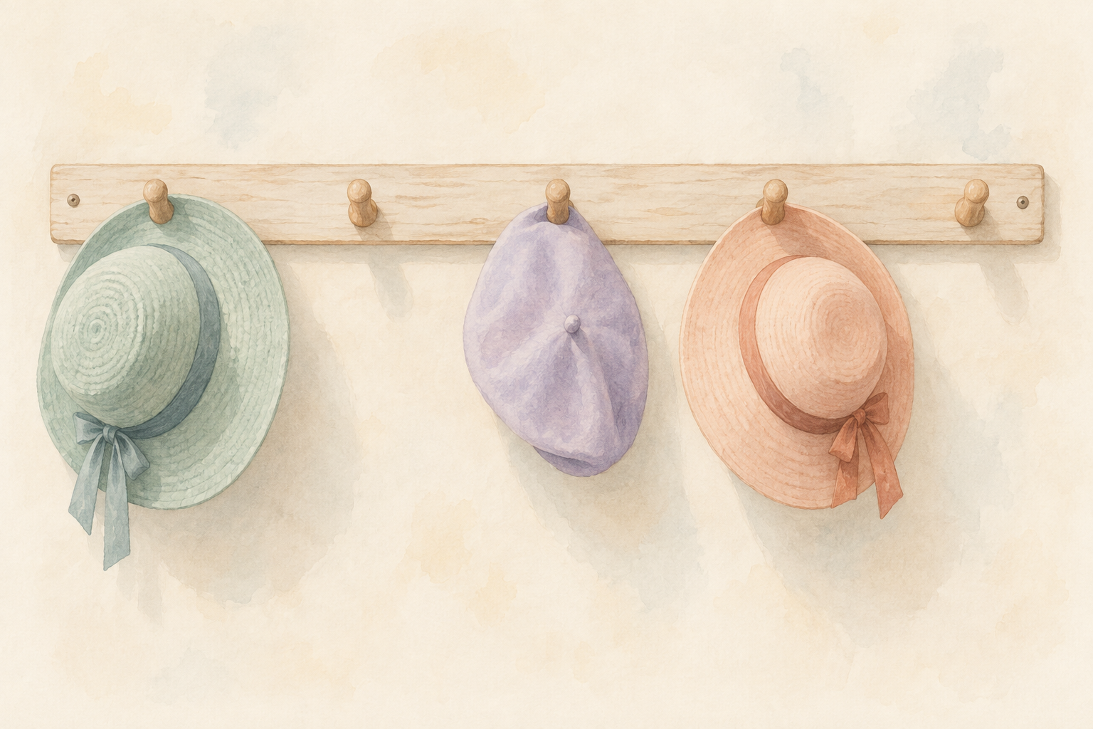 Pastel illustration of a wooden rack with five pegs: sea-glass, lilac and peach hats hang on three pegs, while two pegs remain empty.