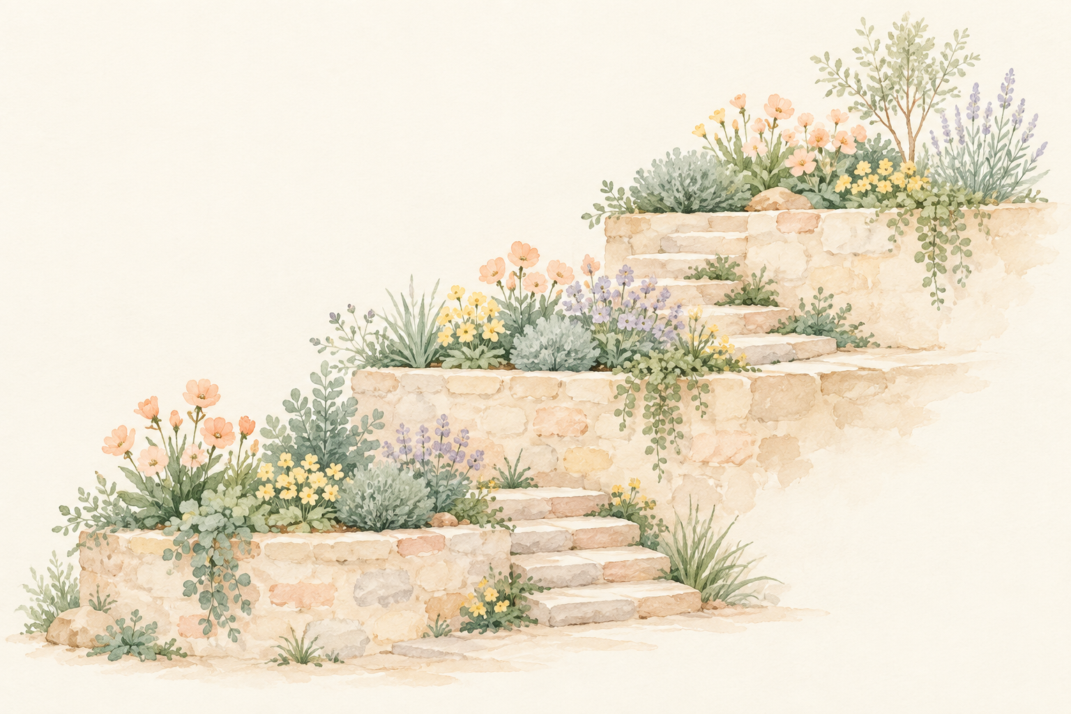 Pastel illustration of three stone garden terraces linked by small steps, with peach, yellow and lilac flowers at each level.