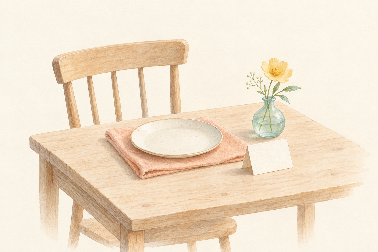 Pastel illustration of an empty wooden chair at a table set with an ivory plate, peach napkin, blank place card, and a yellow flower in a sea-glass vase.