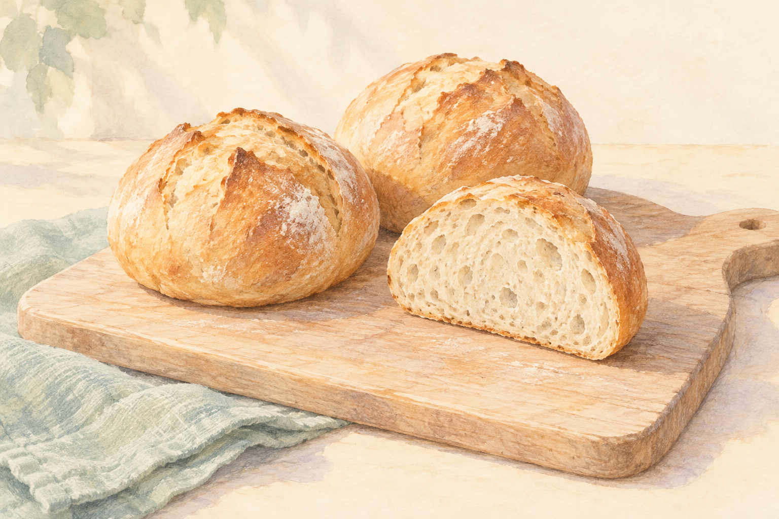 Pastel illustration of two whole round bread loaves and one half-loaf on a wooden board beside a sea-glass green cloth.