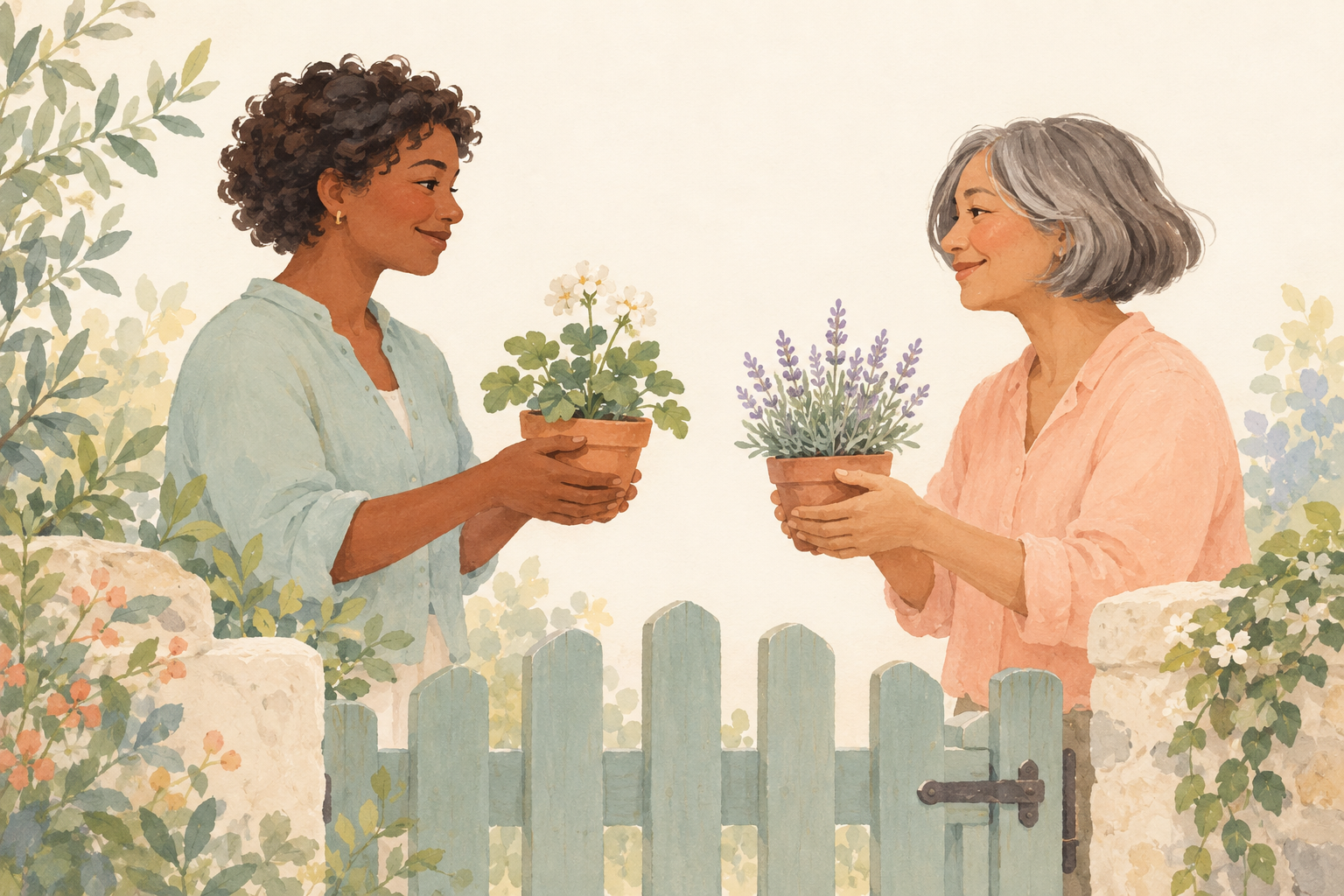 Pastel illustration of two smiling neighbours offering each other potted plants across a pale green garden gate.