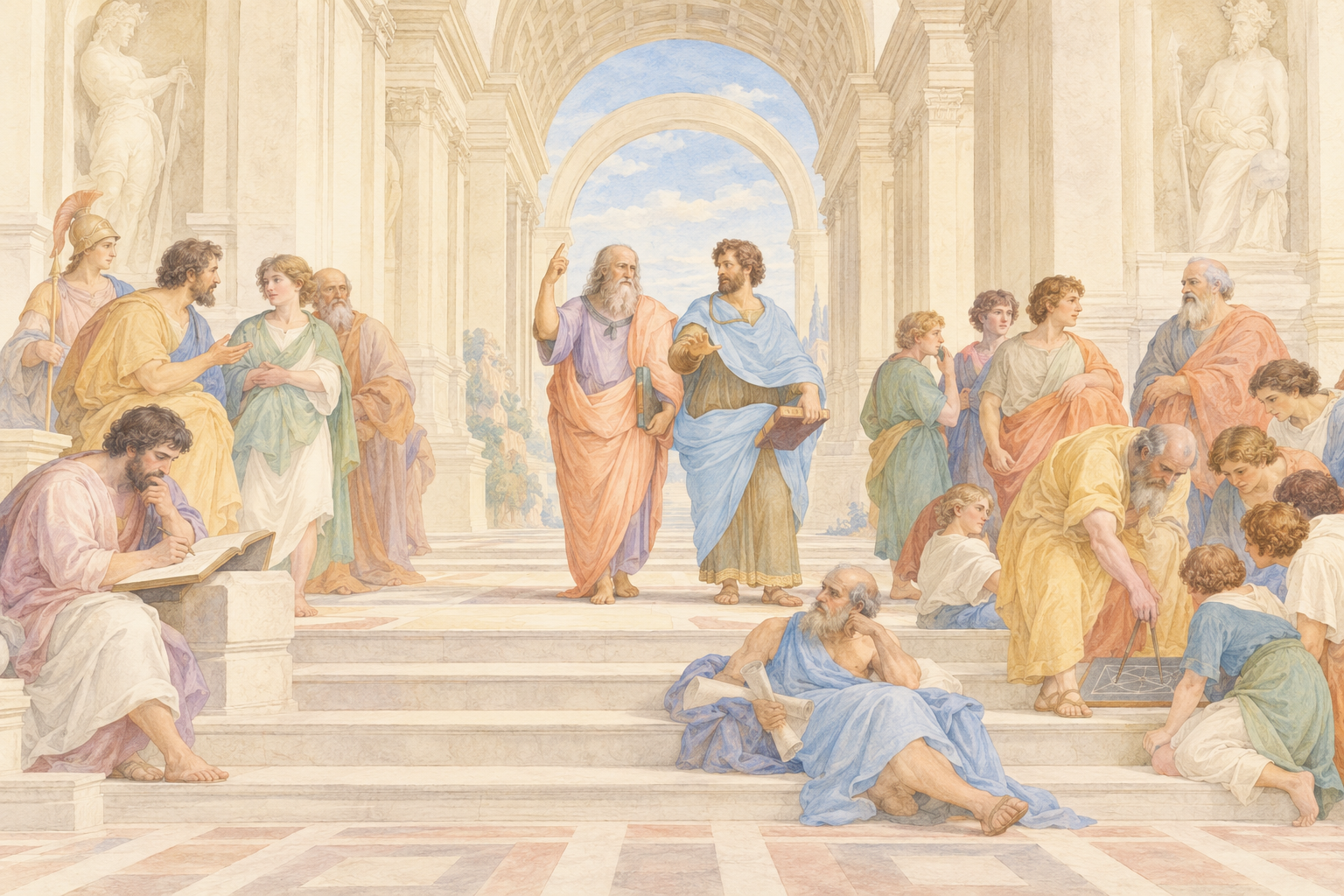 Pastel illustration inspired by The School of Athens: Plato and Aristotle stand beneath great stone arches, surrounded by philosophers reading, discussing, and studying geometry.