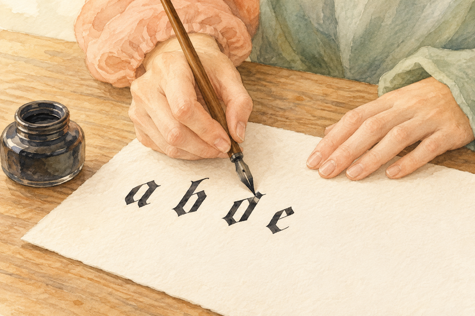 Watercolour illustration of hands writing blackletter forms with a dip pen on ivory paper beside an ink pot.