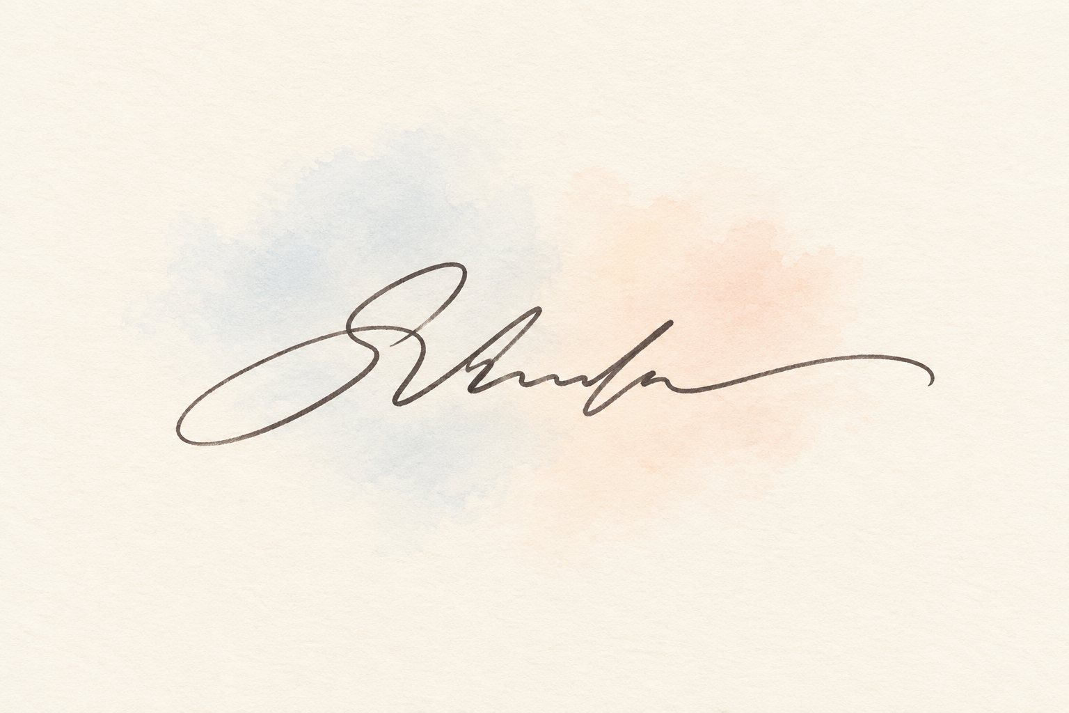 An elegant handwritten signature in charcoal ink, with flowing loops over pale blue and peach washes.